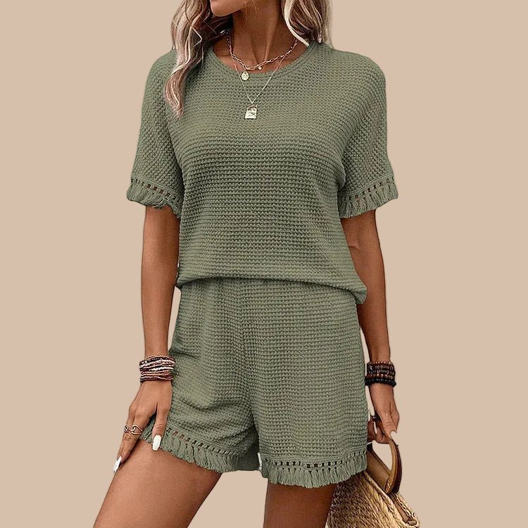 Women’s Textured Tassel Trim Top and Shorts Two Piece Set