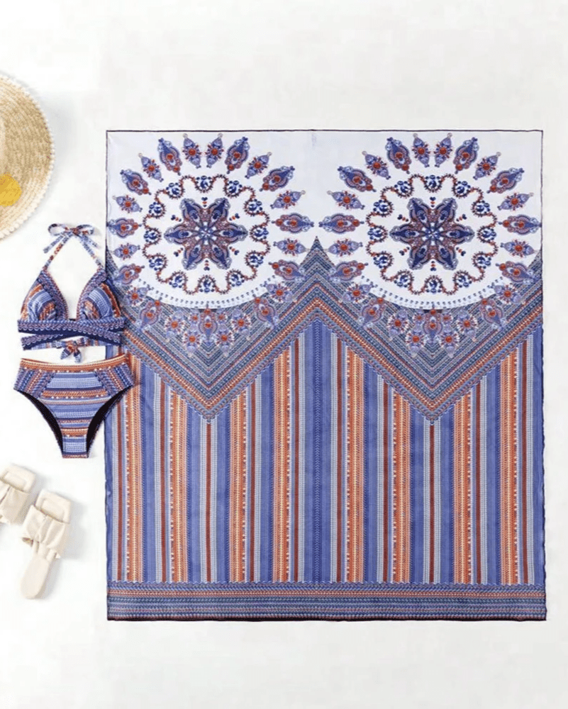Women’s Three Piece Bikini Set with Triangle Top High Waist Bottom and Printed Shawl
