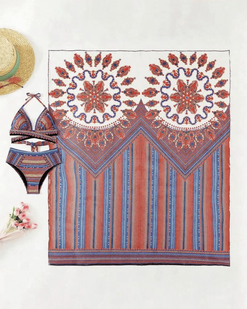 Women’s Three Piece Bikini Set with Triangle Top High Waist Bottom and Printed Shawl