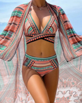 Women’s Three Piece Bikini Set with Triangle Top High Waist Bottom and Printed Shawl