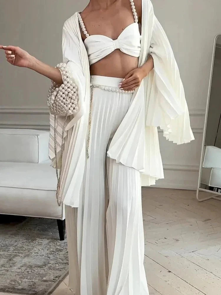 Women’s Three Piece Pleated Set with Crop Top, Cardigan and Wide Leg Trousers