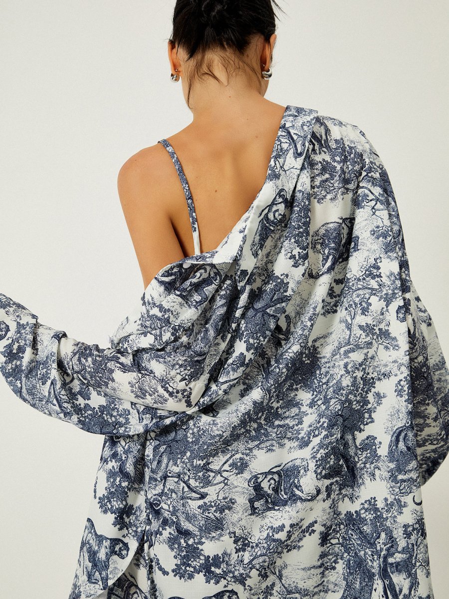 Women’s Three - Piece Shorts Set with Printed Bralette, Button - Front Shirt, and Elastic Waist Shorts