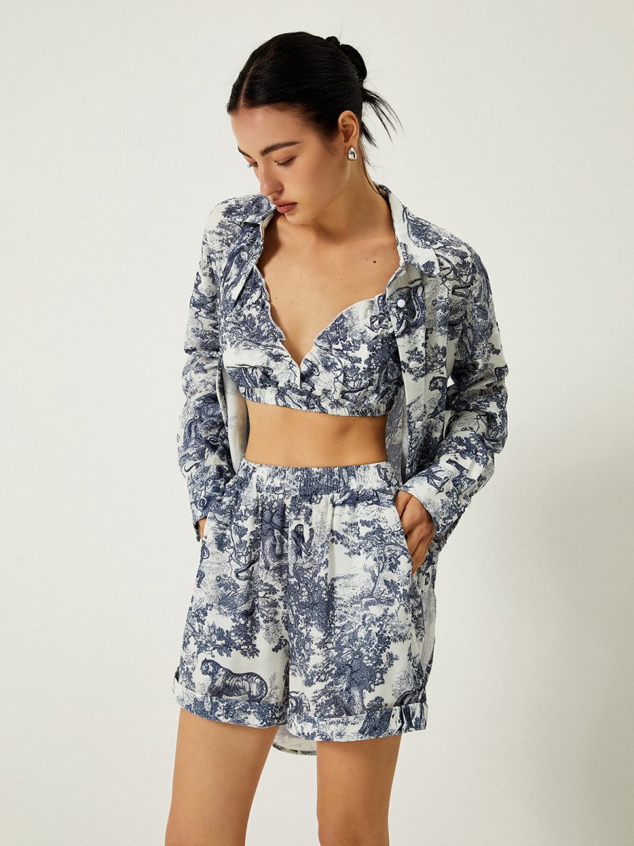 Women’s Three - Piece Shorts Set with Printed Bralette, Button - Front Shirt, and Elastic Waist Shorts