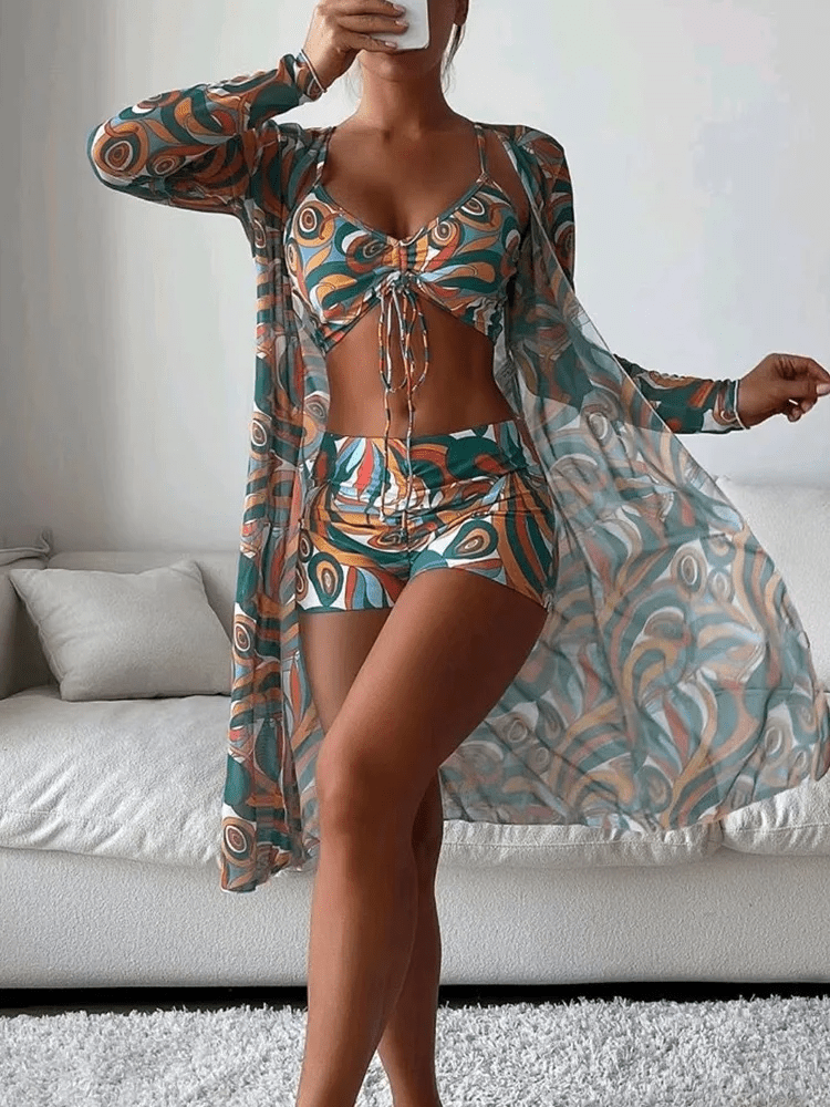 Women’s Three Piece Swim Set with Drawstring Crop Top High - Waist Shorts and Long Sleeve Sheer Cover - Up