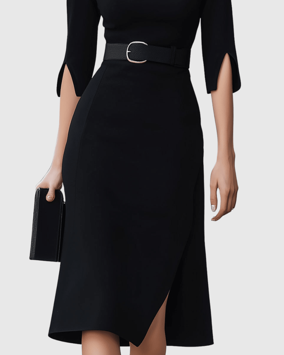 Women’s Three - Quarter Sleeve Midi Dress with Belted Waist and Front Slit