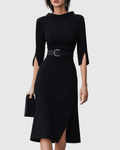 Women’s Three - Quarter Sleeve Midi Dress with Belted Waist and Front Slit