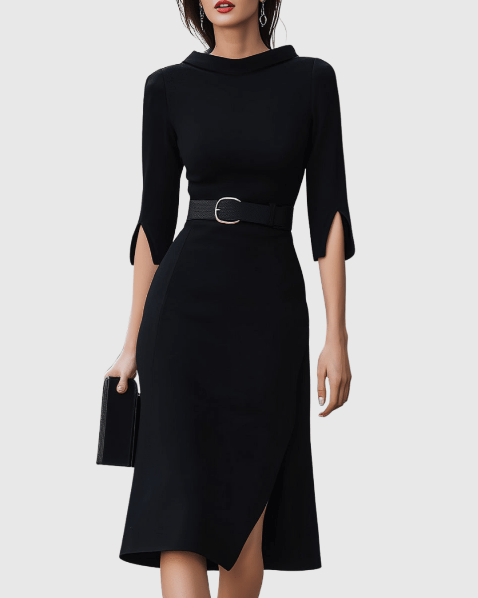 Women’s Three - Quarter Sleeve Midi Dress with Belted Waist and Front Slit