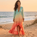 Women’s Tiered Boho Maxi Dress with Long Sleeves and V - Neck Bodice