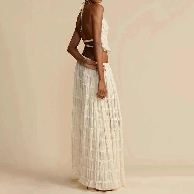 Women’s Two Piece Set with Halter Neck Ruffle Top and Pleated Maxi Skirt