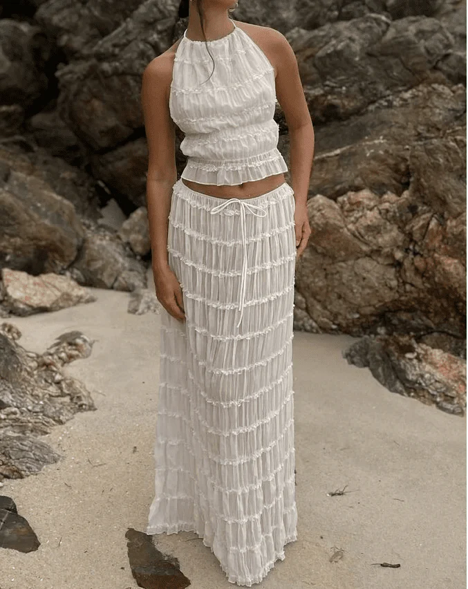 Women’s Two Piece Set with Halter Neck Ruffle Top and Pleated Maxi Skirt