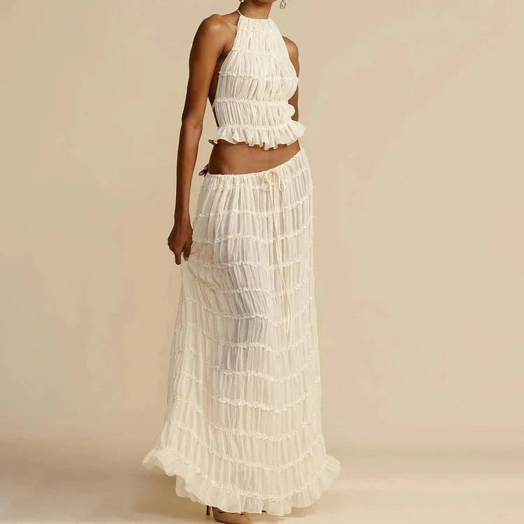 Women’s Two Piece Set with Halter Neck Ruffle Top and Pleated Maxi Skirt