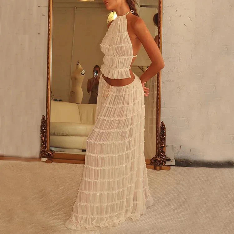 Women’s Two Piece Set with Halter Neck Ruffle Top and Pleated Maxi Skirt