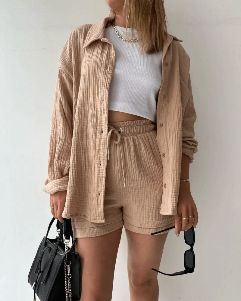Women’s Two Piece Set with Long Sleeve Button Front Shirt and Drawstring Shorts