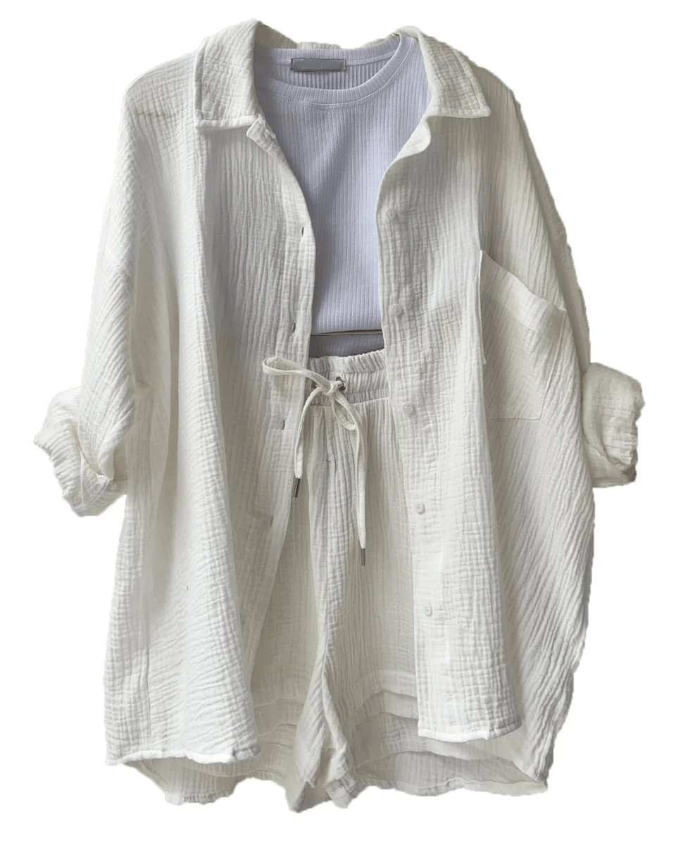 Women’s Two Piece Set with Long Sleeve Button Front Shirt and Drawstring Shorts