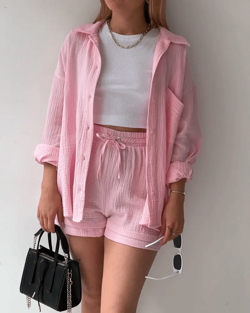 Women’s Two Piece Set with Long Sleeve Button Front Shirt and Drawstring Shorts