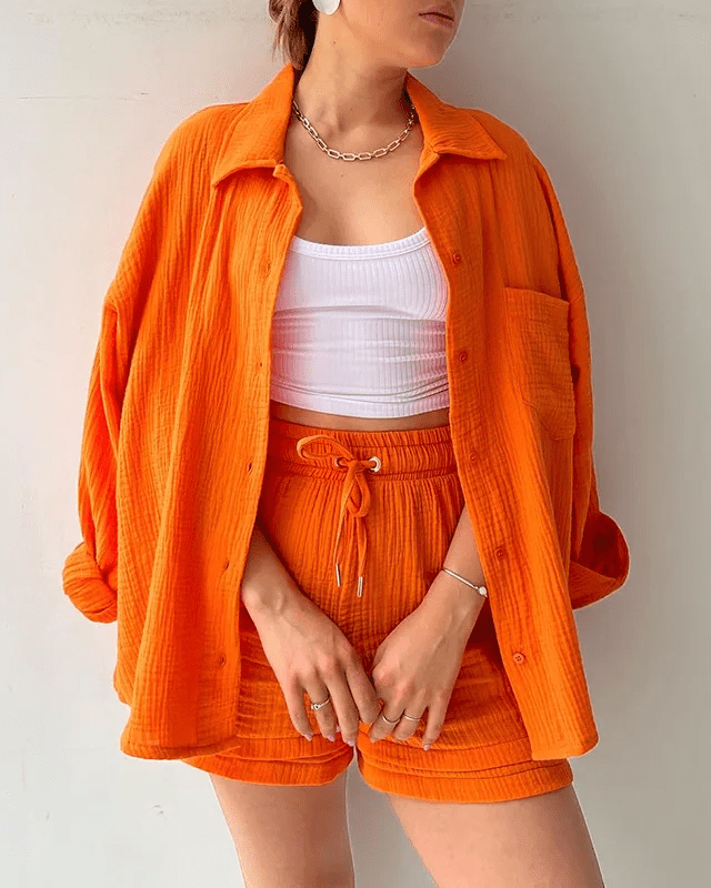 Women’s Two Piece Set with Long Sleeve Button Front Shirt and Drawstring Shorts