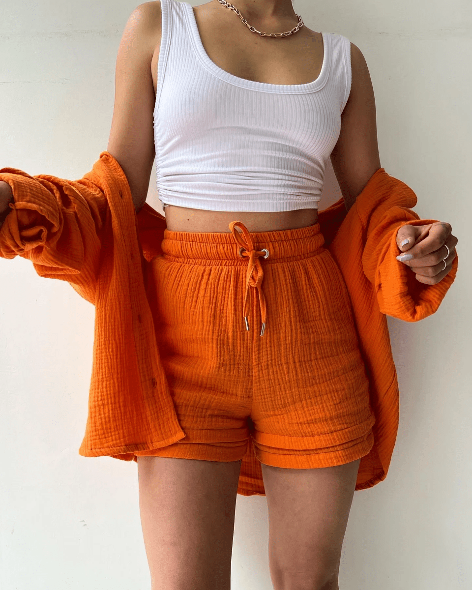 Women’s Two Piece Set with Long Sleeve Button Front Shirt and Drawstring Shorts