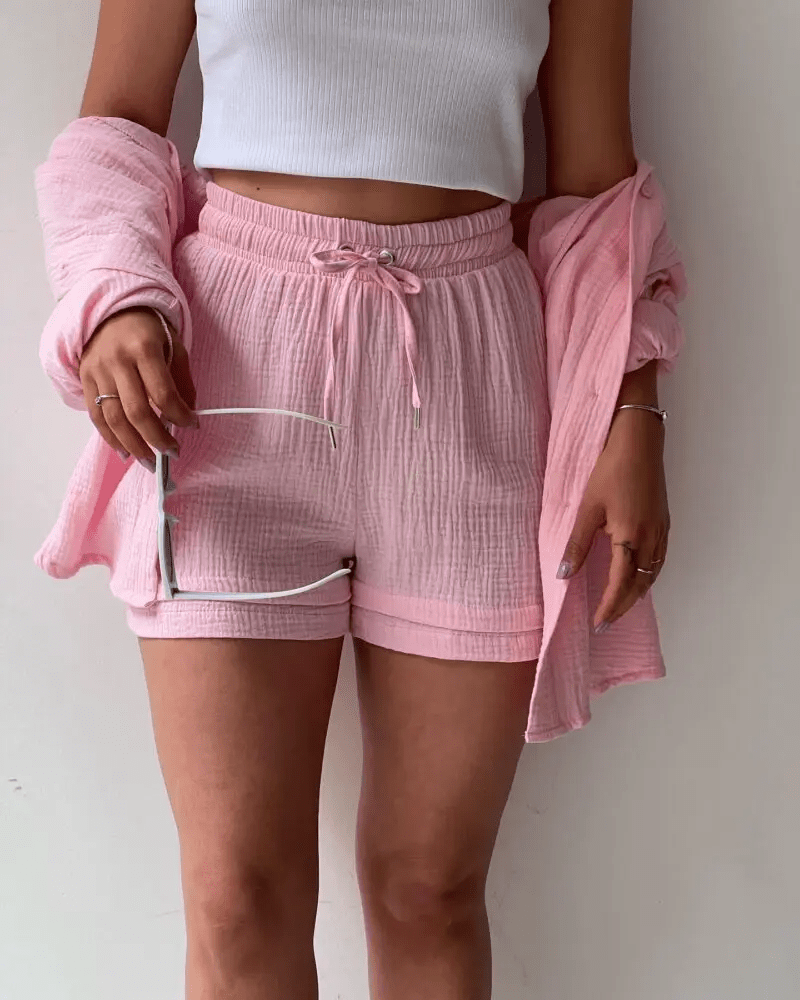 Women’s Two Piece Set with Long Sleeve Button Front Shirt and Drawstring Shorts