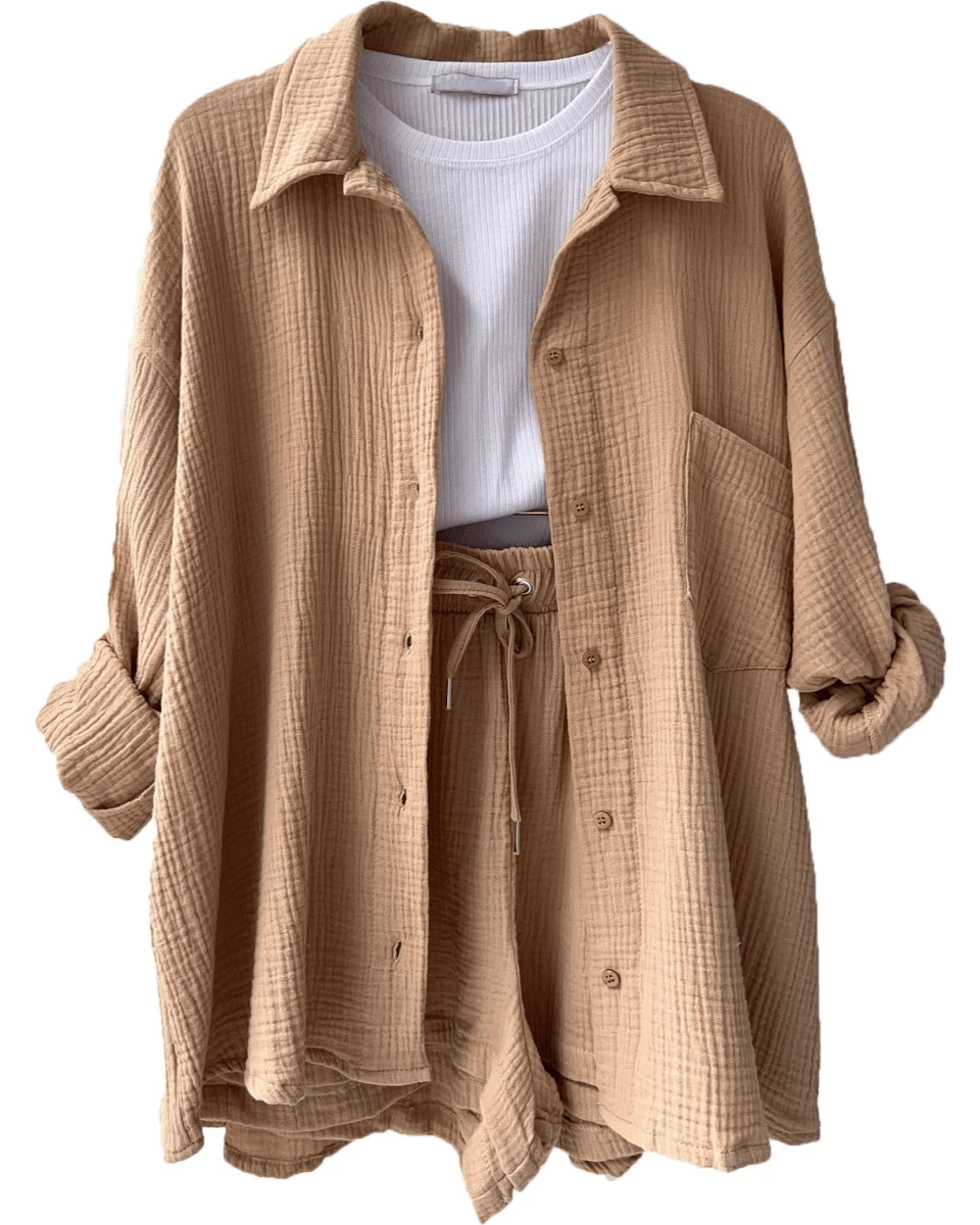 Women’s Two Piece Set with Long Sleeve Button Front Shirt and Drawstring Shorts
