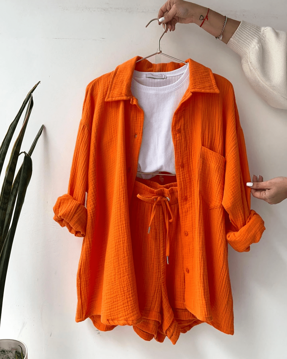 Women’s Two Piece Set with Long Sleeve Button Front Shirt and Drawstring Shorts