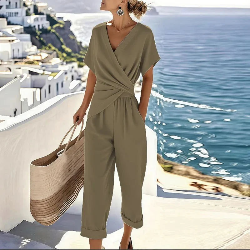 Women’s Two Piece Set with Short Sleeve Wrap Top and Cropped Pants
