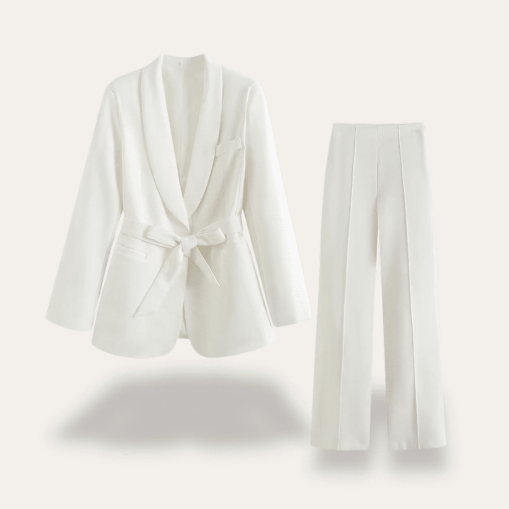 Women’s Two - Piece Suit Set with Belted Blazer and Wide - Leg Trousers